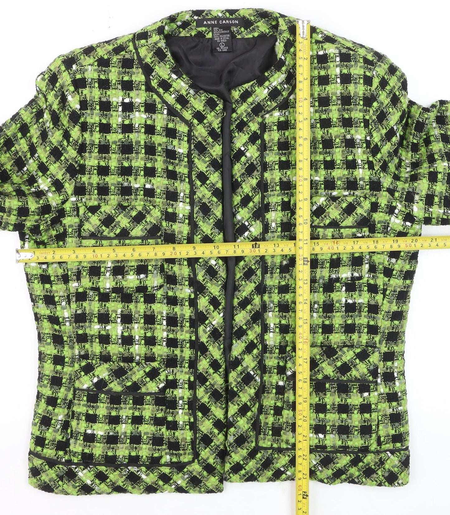Anne Carson Women's Green Black Check Bouclé Suit Jacket Size L