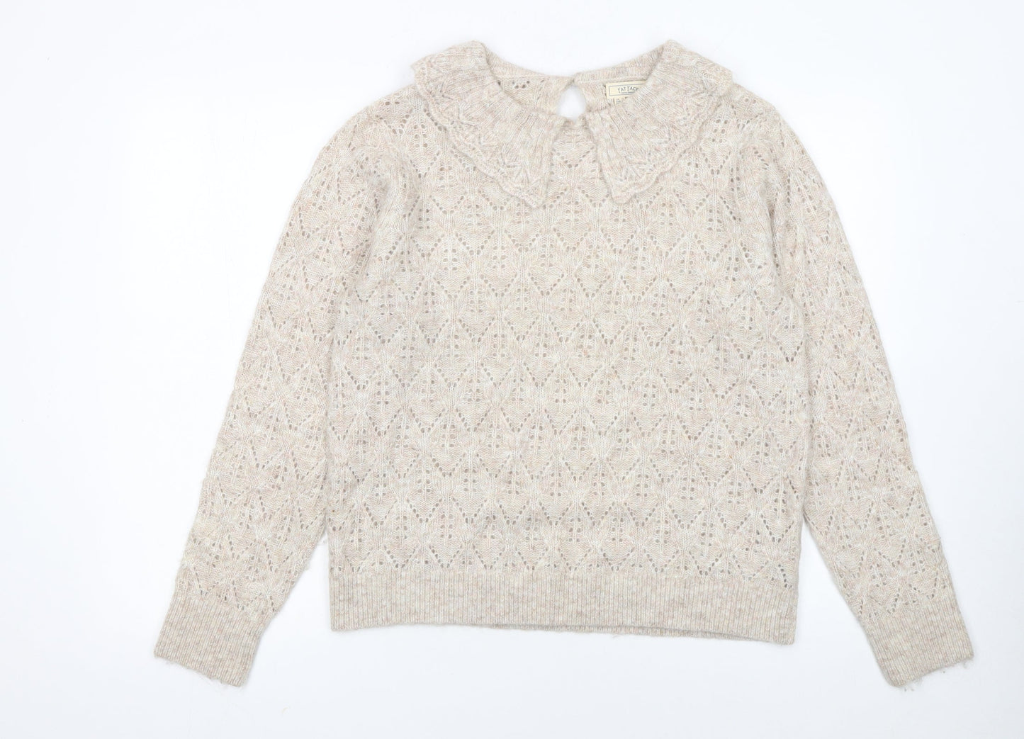 Fat Face Women Beige Collared Open-Knit Alpaca Jumper Size 14