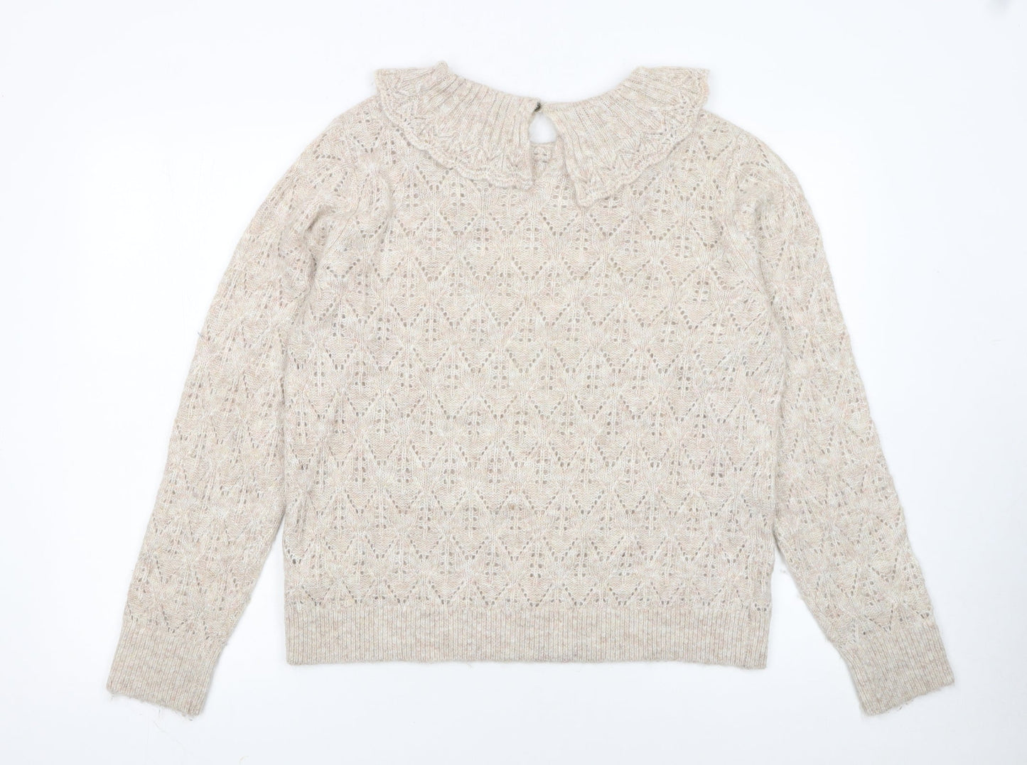 Fat Face Women Beige Collared Open-Knit Alpaca Jumper Size 14