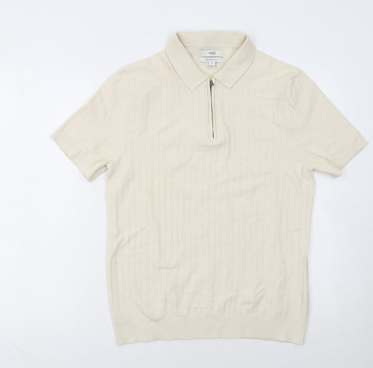 Marks and Spencer Men’s Ivory Cotton Polo M Zip Collar Knit Top