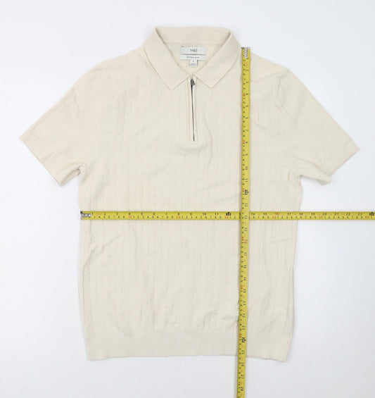 Marks and Spencer Men’s Ivory Cotton Polo M Zip Collar Knit Top