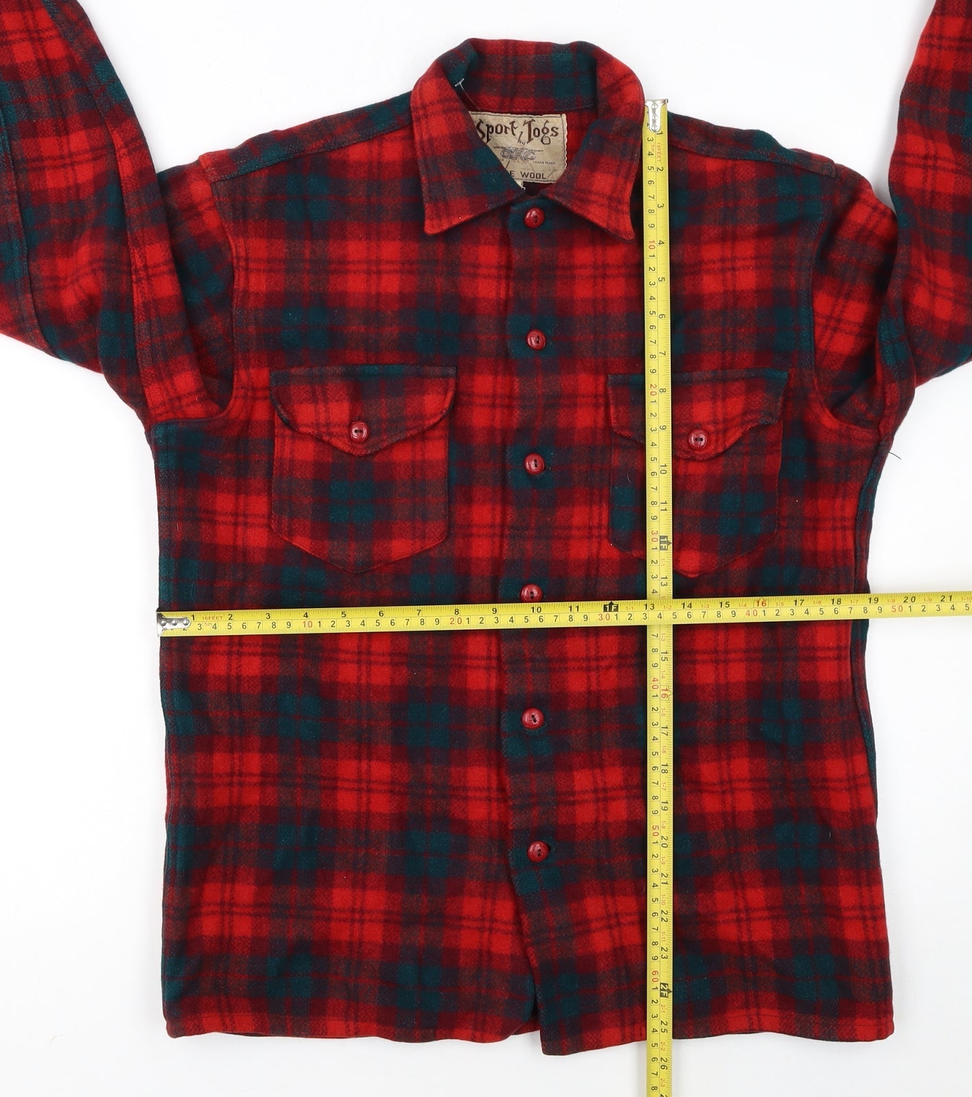 Sport Togs Men Red Wool Plaid Flannel Button-Up Shirt S Vintage