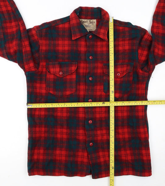 Sport Togs Men Red Wool Plaid Flannel Button-Up Shirt S Vintage