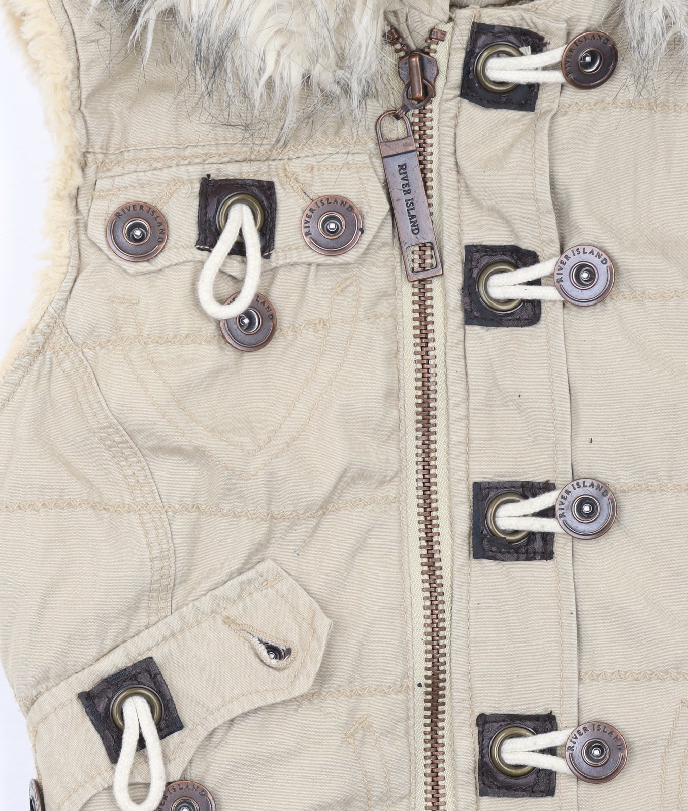 River Island Women’s Beige Faux Fur Hooded Cotton Waistcoat Size 10