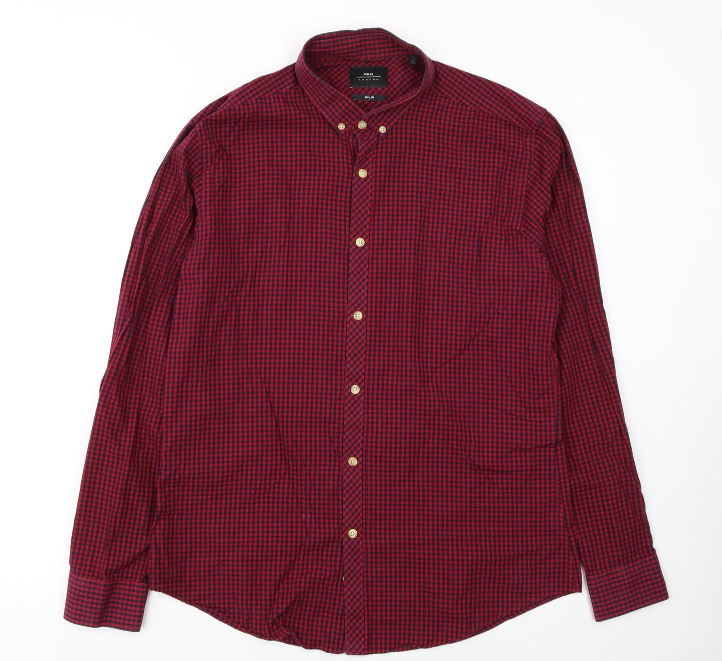 Moss London Men's Red Check Slim Fit Long Sleeve Button-Up Shirt Size L