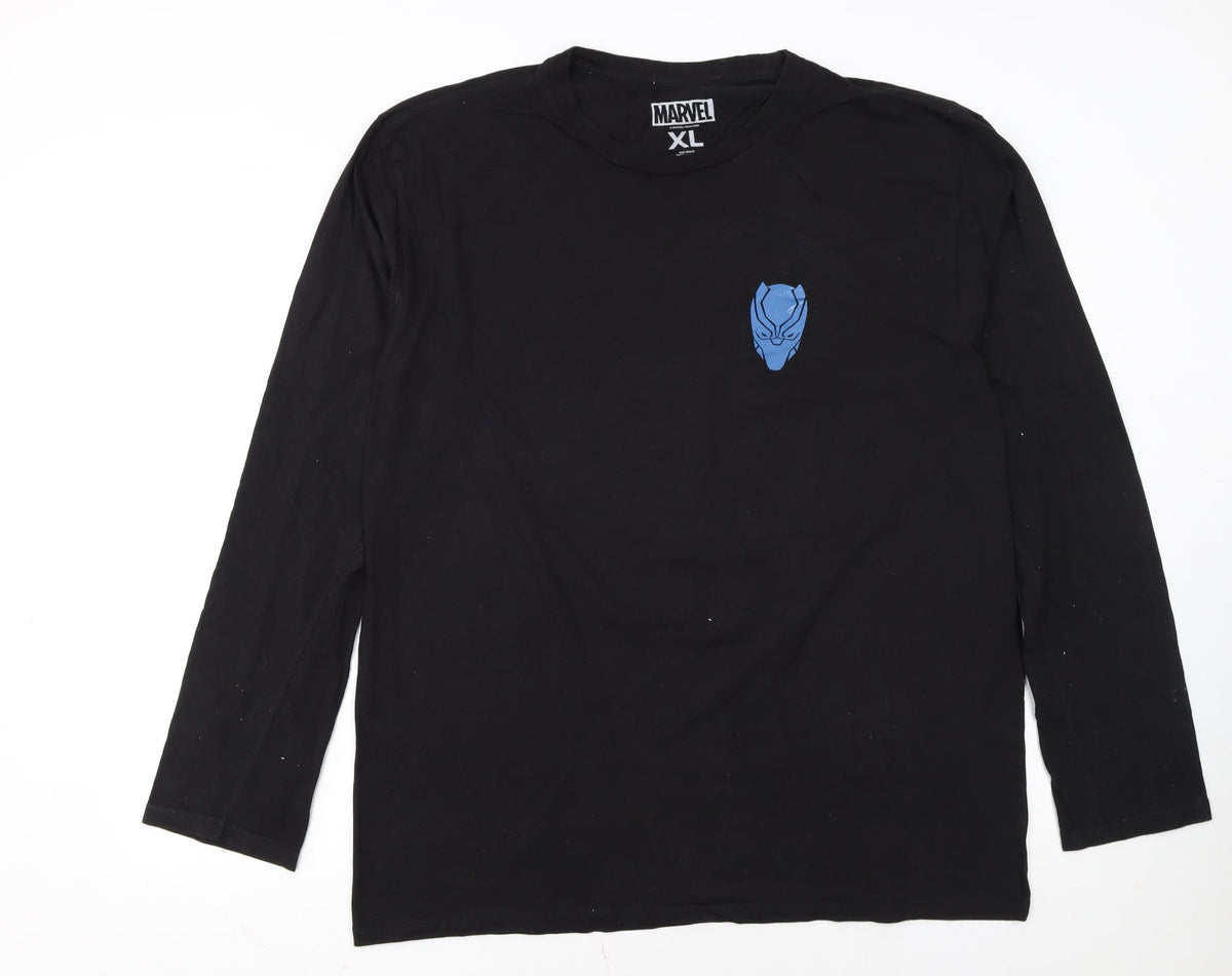Front view of Marvel Men's Black Panther Black Long Sleeve T-Shirt XL Loot Wear Exclusive
