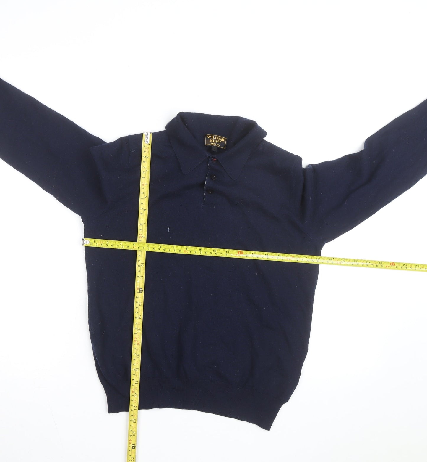 William Hunt Men’s Blue Wool Blend Collared Henley Jumper Size L