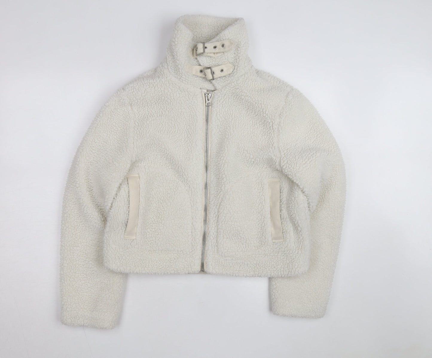 Miss Selfridge Women Ivory Faux Fur Belted Bomber Jacket Size 12