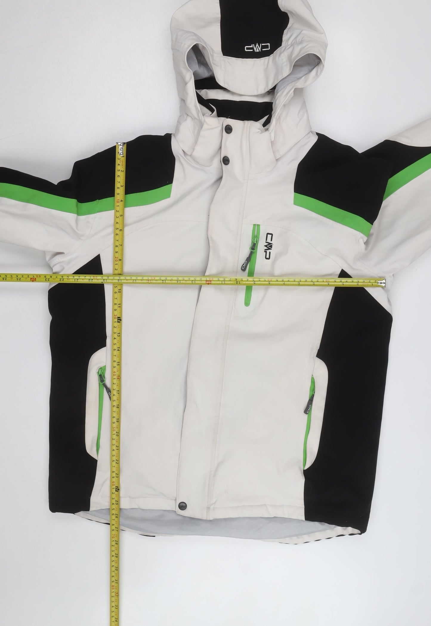 CMP Men's White Black Green Waterproof Ski Jacket Size 52 L Hooded Winter Coat