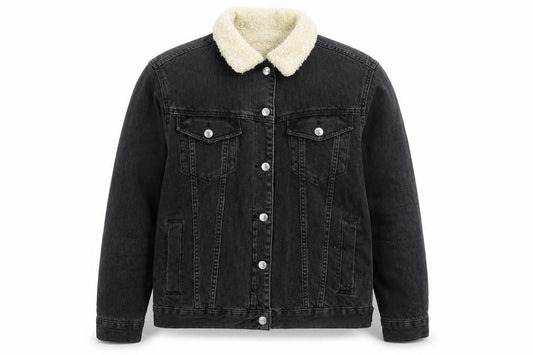Topshop Mens Moto Black Sherpa Denim Jacket M Classic Winter Warm