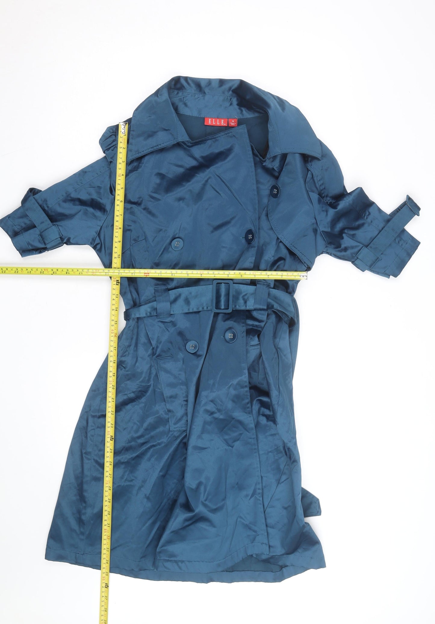 ELLE Womens Blue Trench Coat Belted Mid-Length M Classic Style