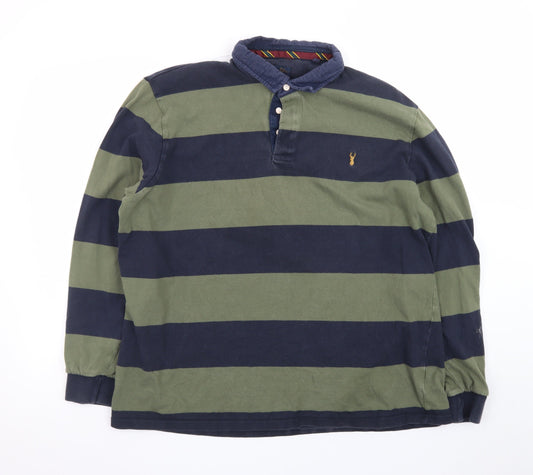 Next Men's Green and Navy Striped Long Sleeve Polo XL Cotton Rugby Top