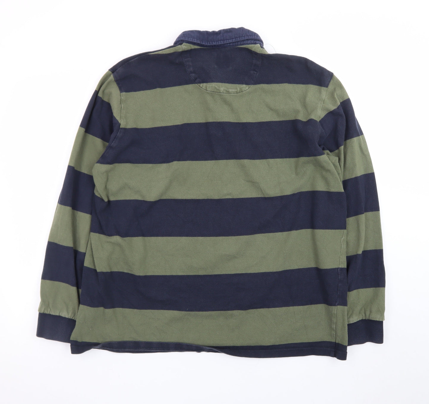 Next Men's Green and Navy Striped Long Sleeve Polo XL Cotton Rugby Top