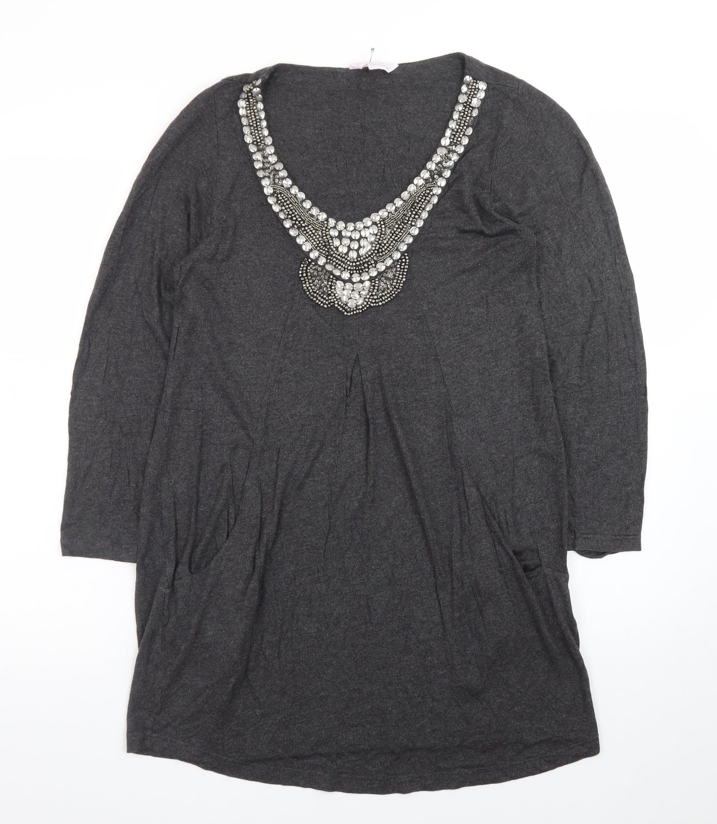 Changes Boutique Women’s Grey Beaded V-Neck Shift Dress Size 14