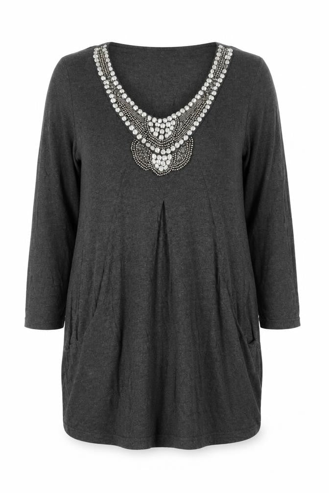 Changes Boutique Women’s Grey Beaded V-Neck Shift Dress Size 14