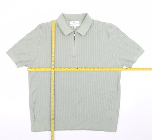 Marks and Spencer Men's Green Cotton Polo Shirt XL 1/4 Zip Knit