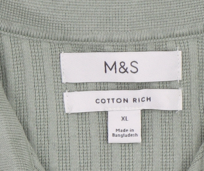 Marks and Spencer Men's Green Cotton Polo Shirt XL 1/4 Zip Knit