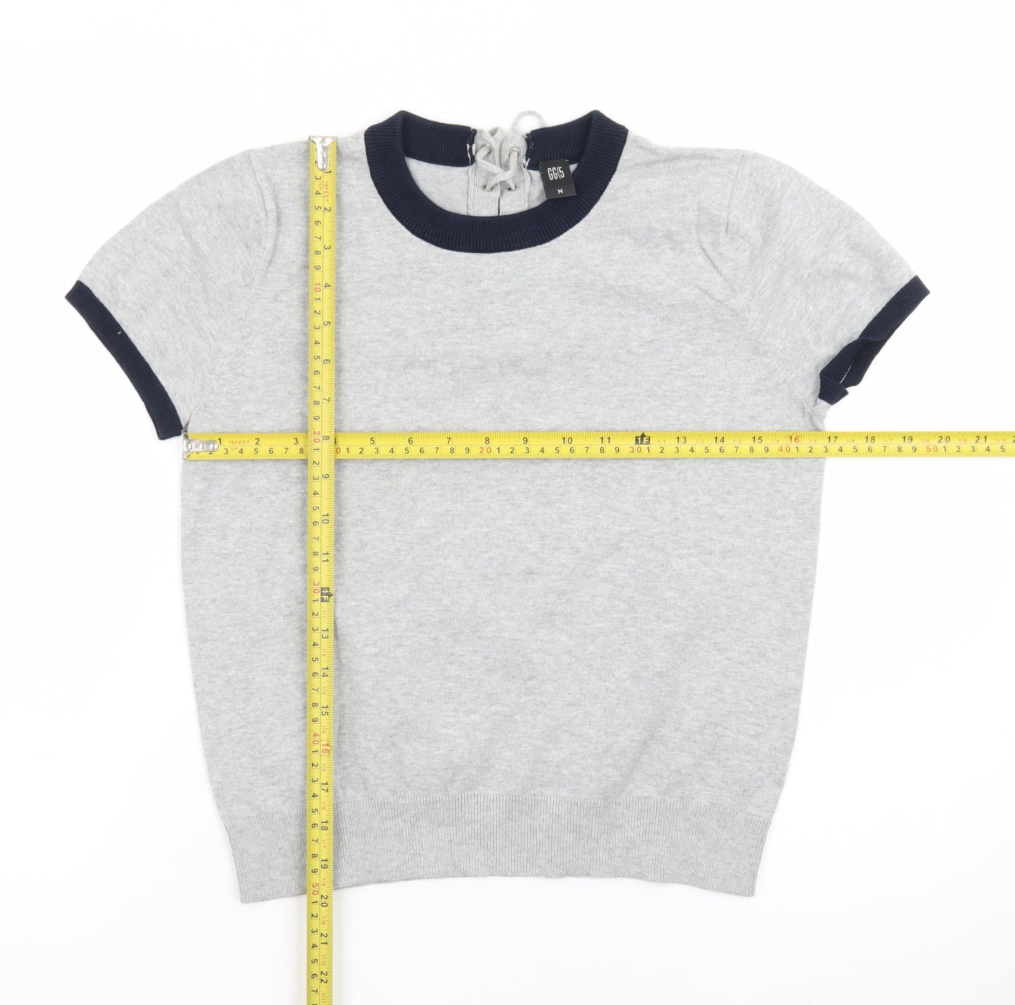 GG5 Womens Grey Ringer Knit Lace-Up Back Short Sleeve T-Shirt M