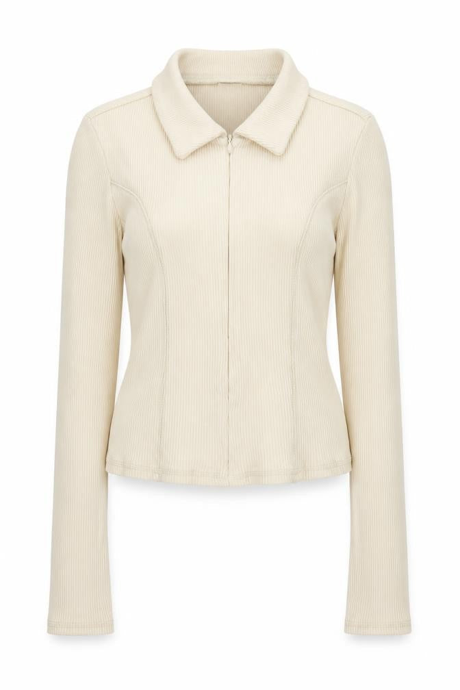 Urban Outfitters Women Beige Collared Full Zip Ribbed Cotton Jumper M