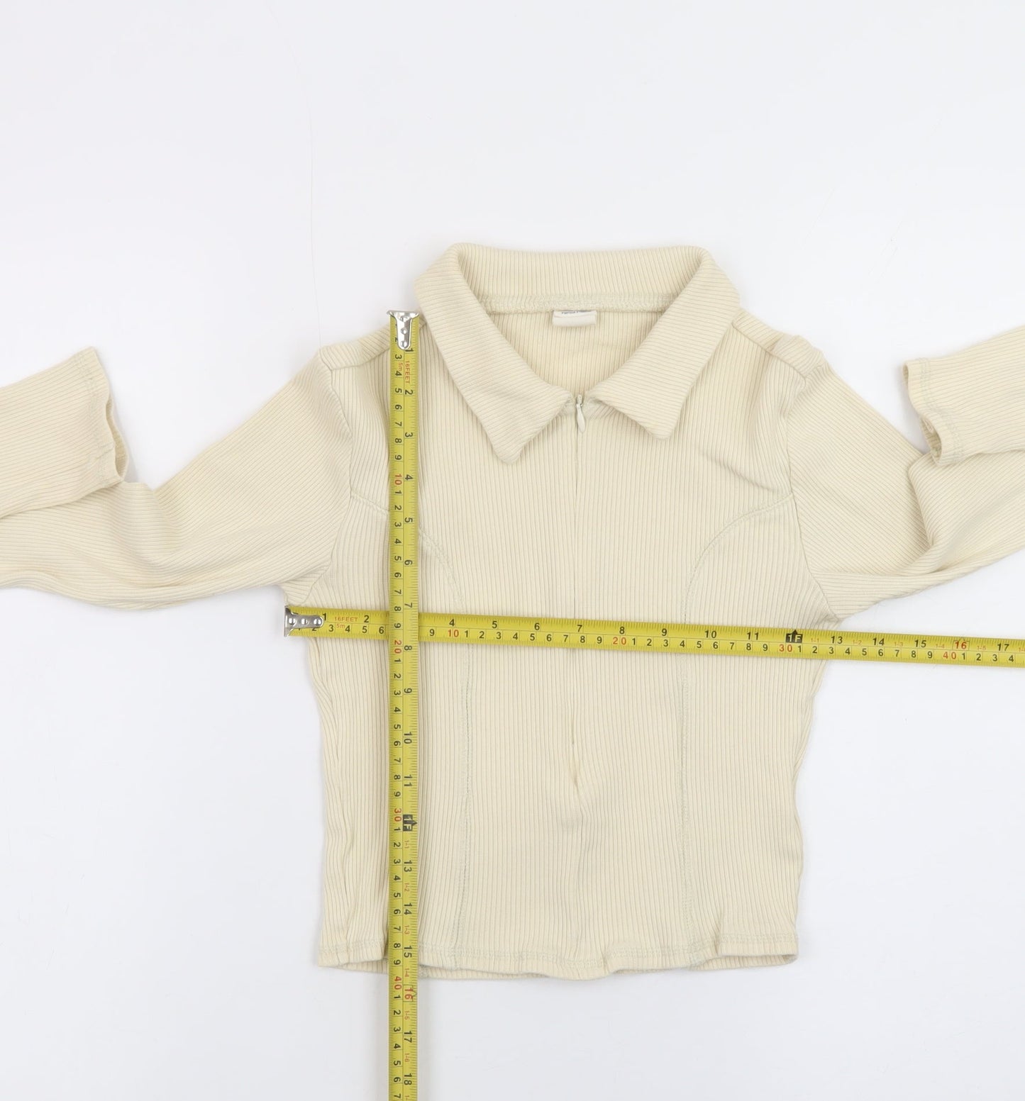 Urban Outfitters Women Beige Collared Full Zip Ribbed Cotton Jumper M