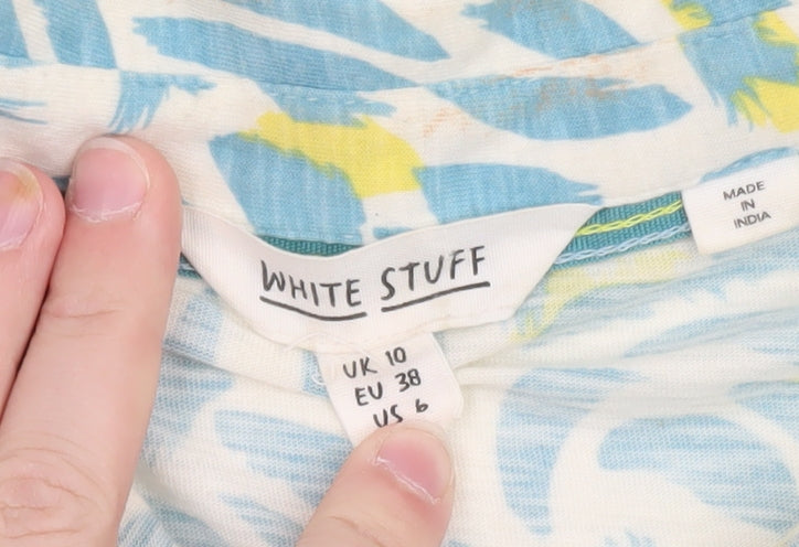 White Stuff Women's Blue Abstract Cotton Button-Up Shirt UK 10