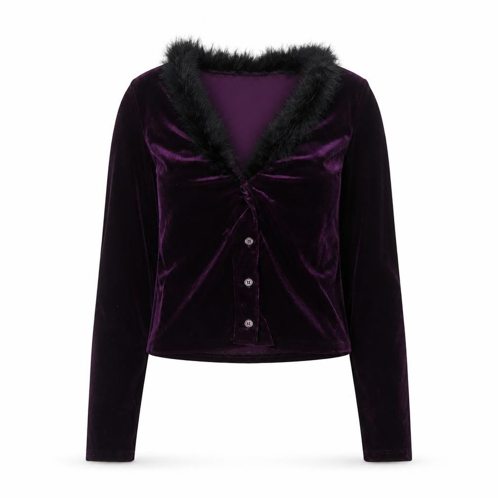 Necessary Objects Women's Purple Fur Trim Velvet Cardigan Size M
