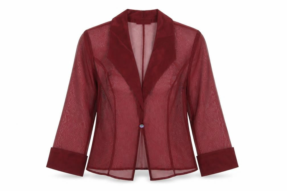 Alex Evenings Women's Red Sheer 3/4 Sleeve Collared Kimono Blouse Size 14