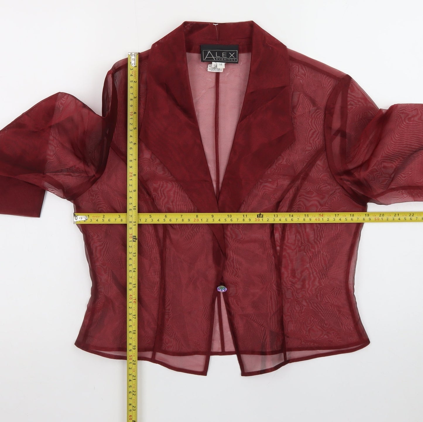 Alex Evenings Women's Red Sheer 3/4 Sleeve Collared Kimono Blouse Size 14