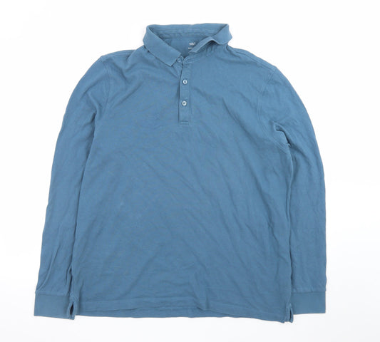 Marks and Spencer Men's Blue Long Sleeve Cotton Polo Shirt XL