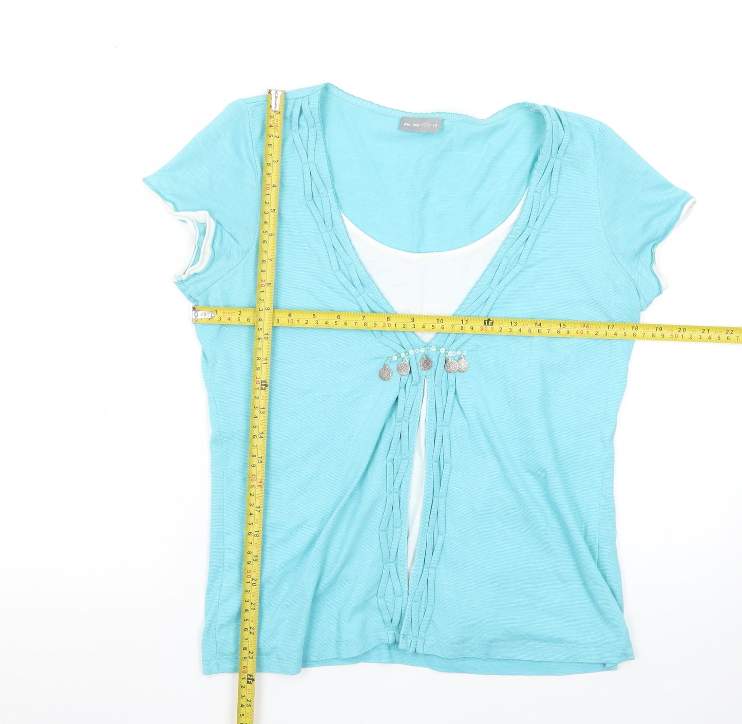 Marks and Spencer Per Una Blue Beaded V-Neck Women's T-Shirt Size 14