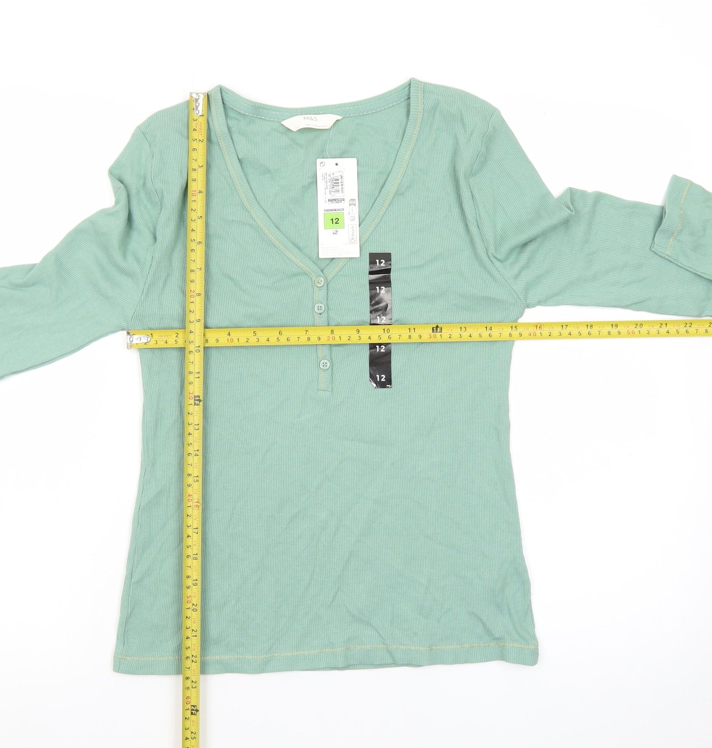 Marks and Spencer Womens Green Cotton Long Sleeve Henley T-Shirt Size 12