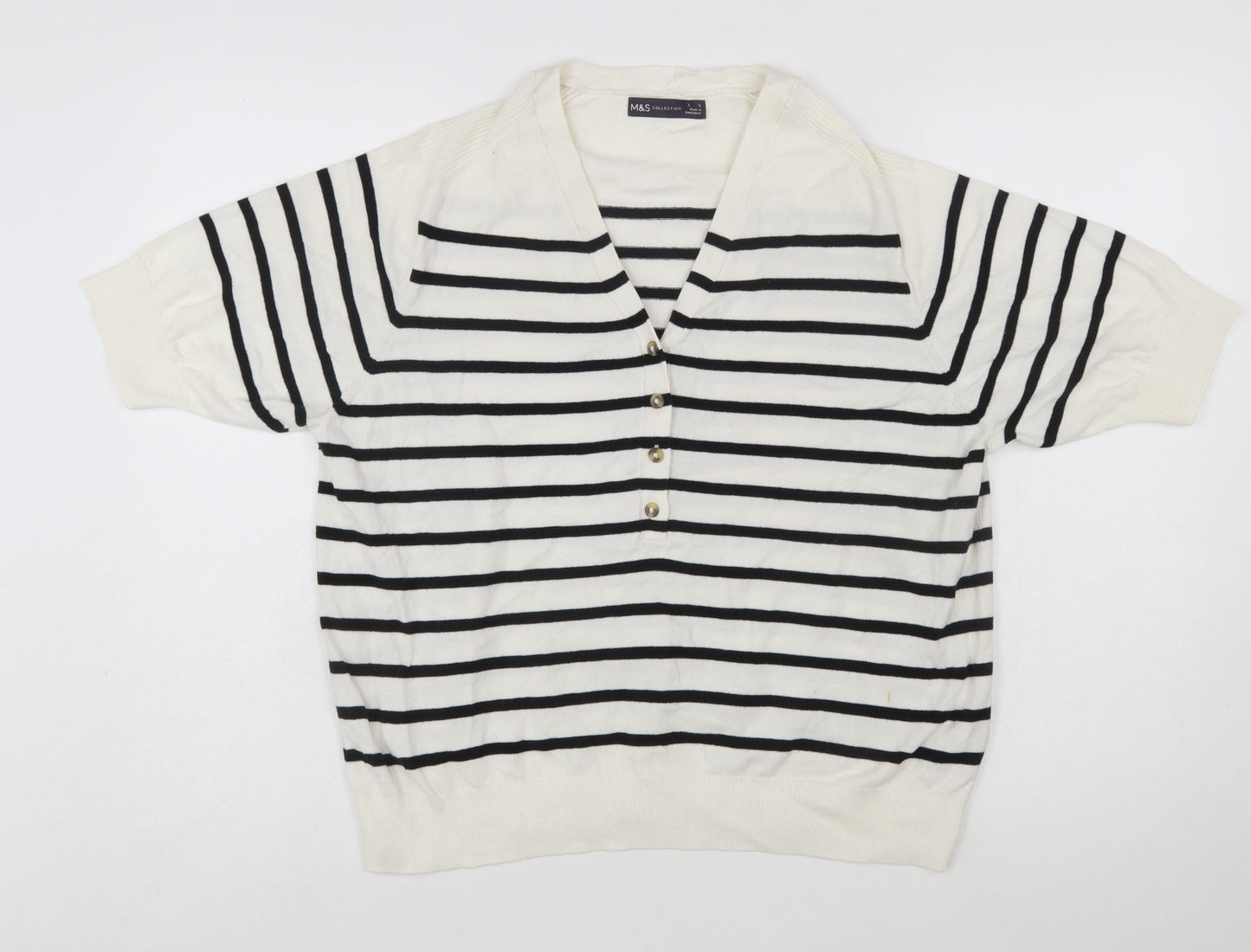 Marks and Spencer Women’s White Striped Henley Knit Jumper Size L