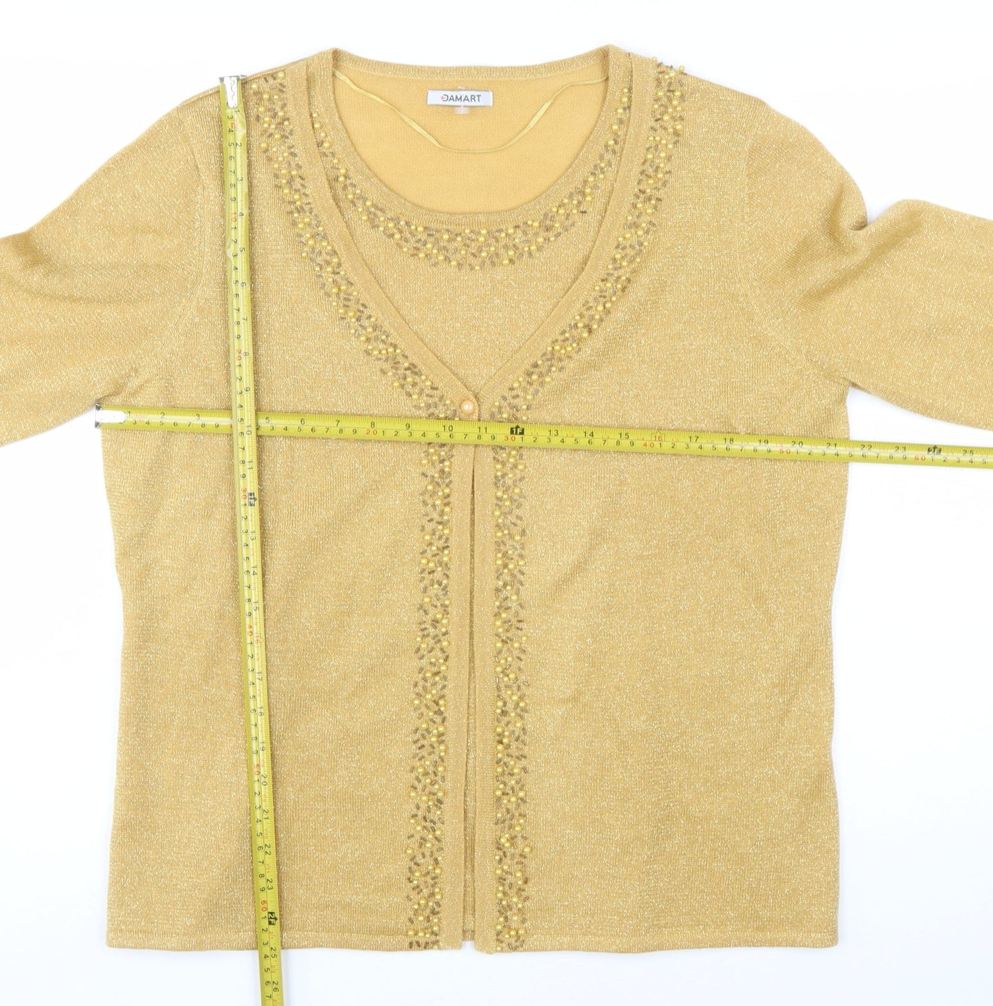 Damart Womens Gold Beaded V-Neck Cardigan Size L 18/20 Knitwear