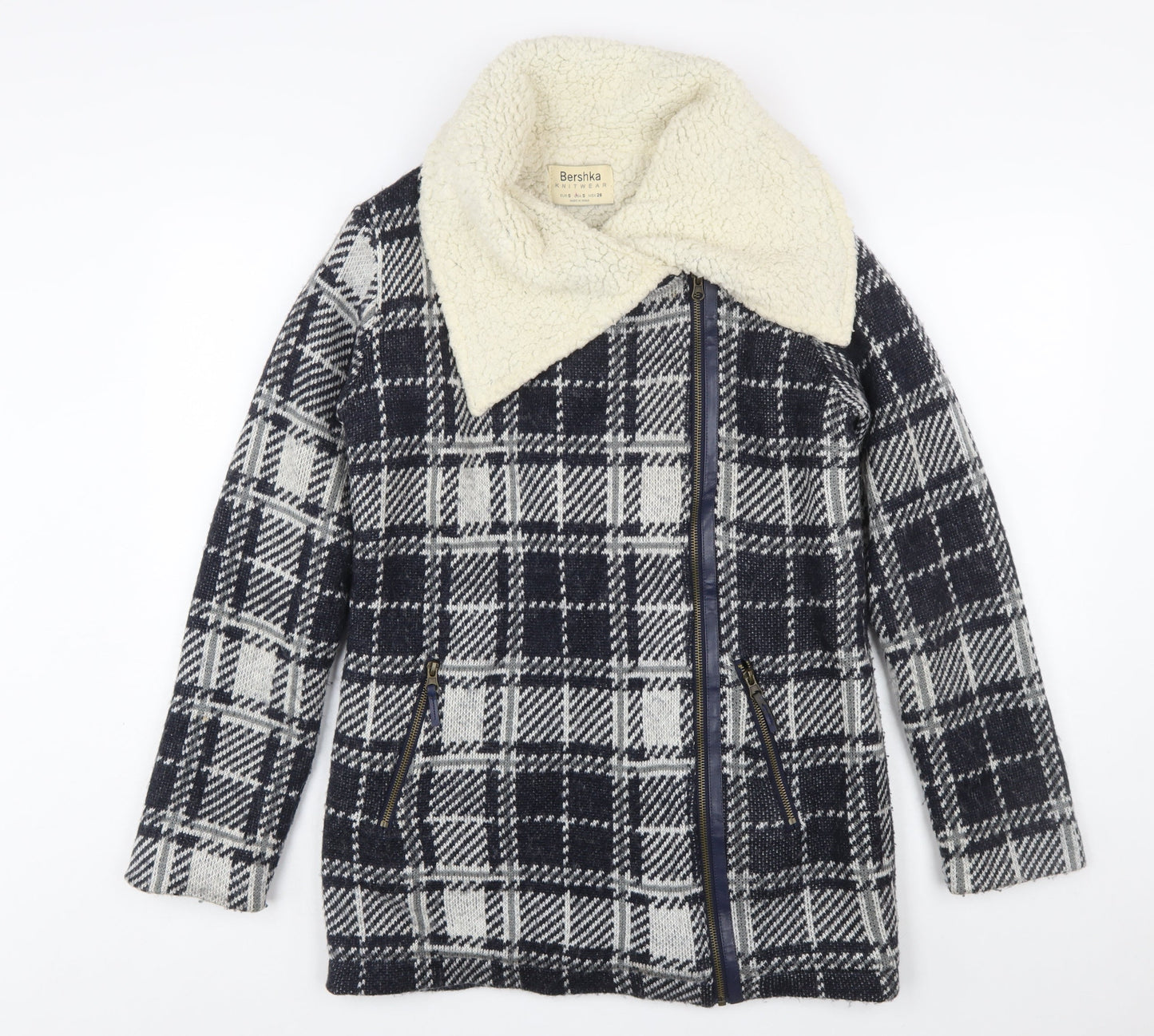 Bershka Women's Blue Checked Knit Biker Jacket Size S