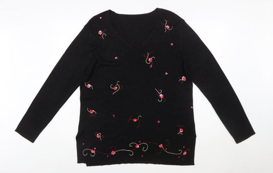Marks and Spencer Women Black Floral Embroidered V-Neck Jumper Size 20
