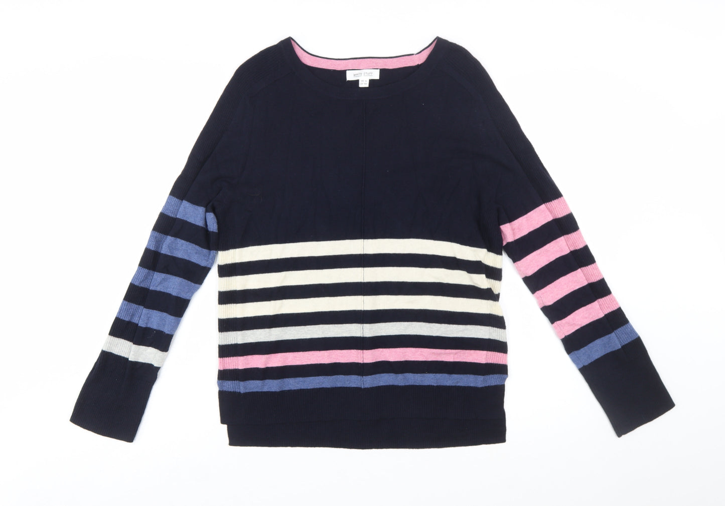 White Stuff Women's Navy Multi Stripe Jumper UK 12 Long Sleeve Cotton Wool