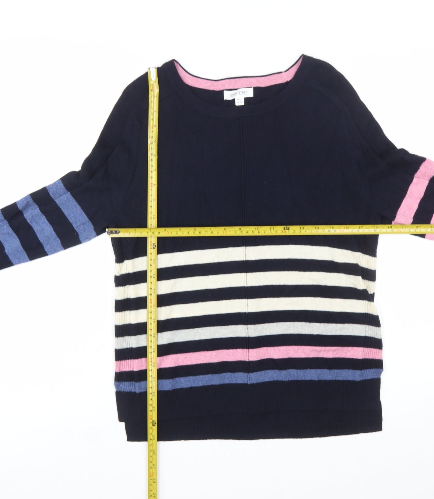 White Stuff Women's Navy Multi Stripe Jumper UK 12 Long Sleeve Cotton Wool
