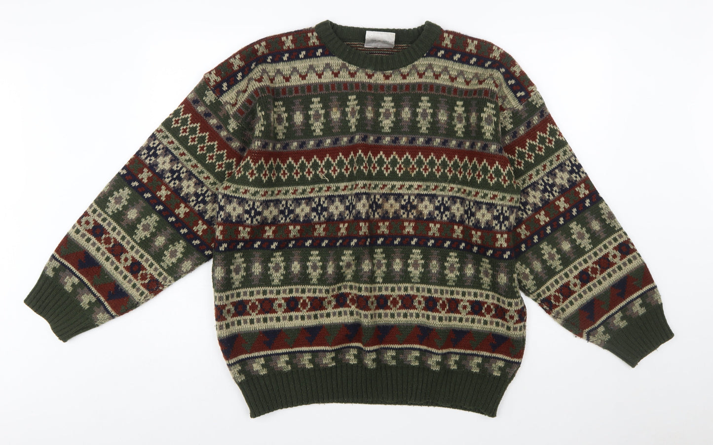 Ferndale Men's Green Fair Isle Acrylic Crew Neck Jumper Size L