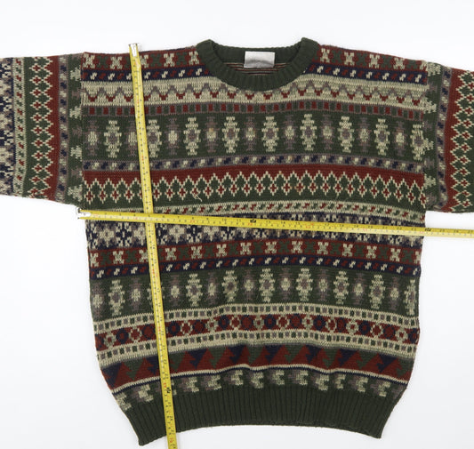 Ferndale Men's Green Fair Isle Acrylic Crew Neck Jumper Size L