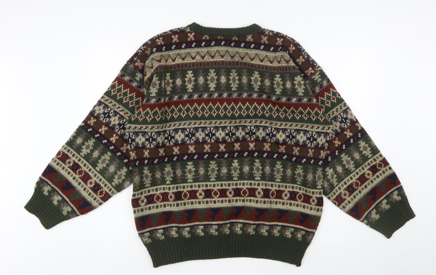 Ferndale Men's Green Fair Isle Acrylic Crew Neck Jumper Size L
