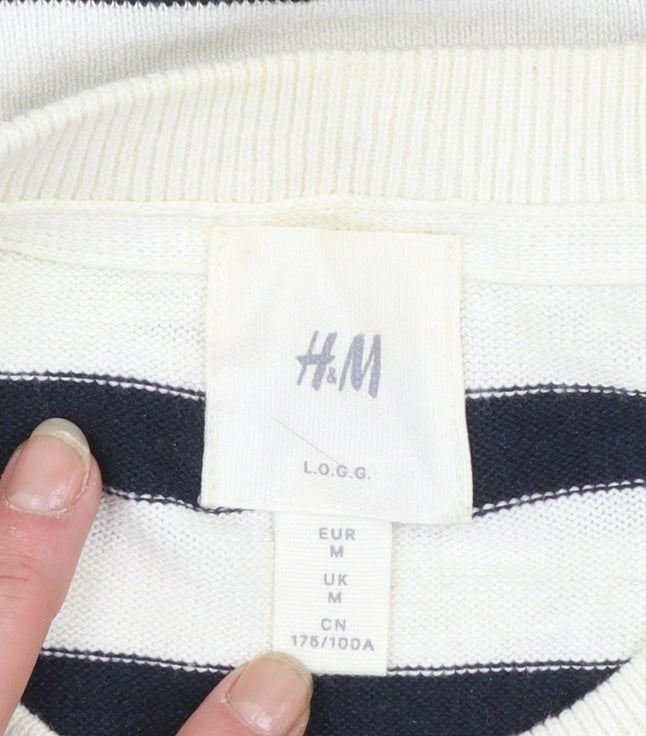 H&M Women’s Navy White Striped Cotton Crew Neck Jumper M