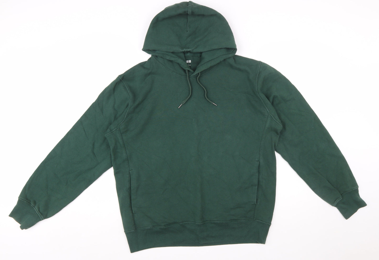 UNIQLO Men Green Pullover Hoodie L Cotton Fleece Long Sleeve