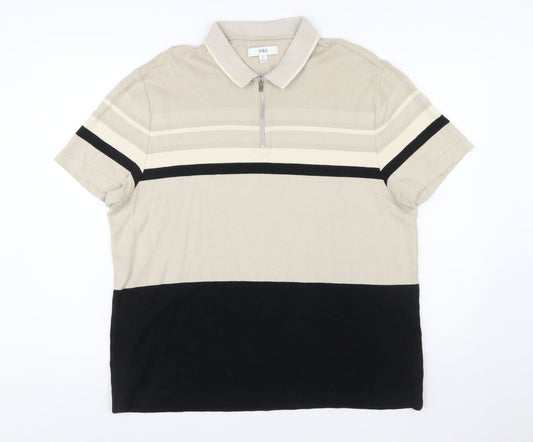 Marks and Spencer Men’s Beige Striped Cotton Polo Shirt XL Regular Fit Zip Neck