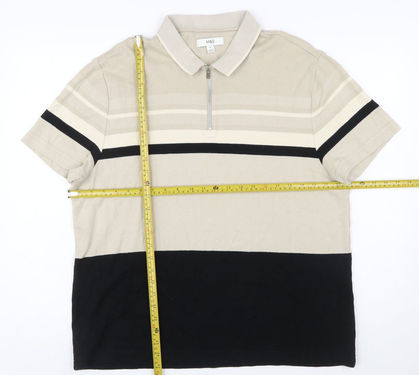 Marks and Spencer Men’s Beige Striped Cotton Polo Shirt XL Regular Fit Zip Neck