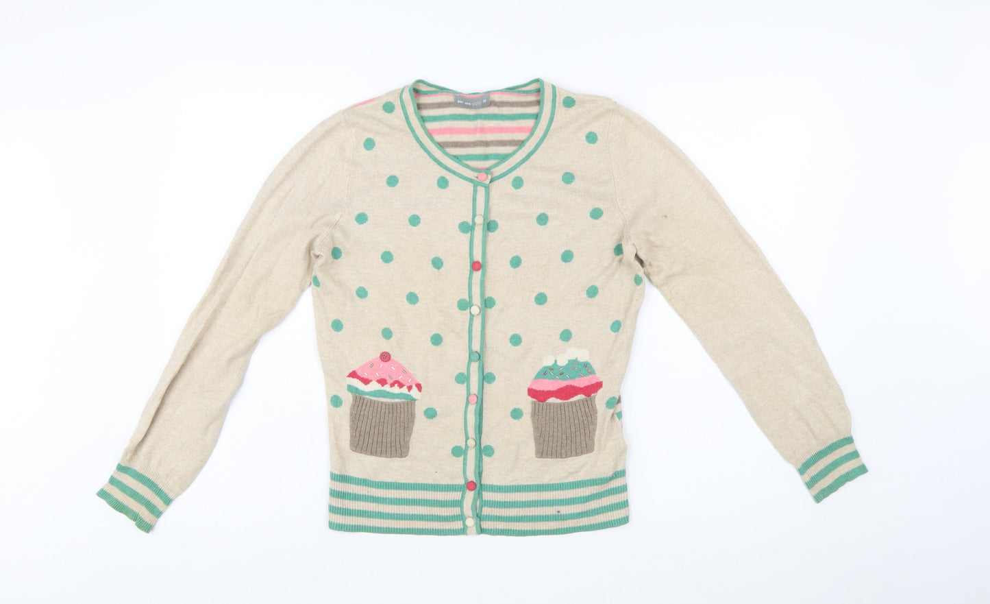 Marks and Spencer Women Beige Polka Dot Cupcake Cardigan Size 10