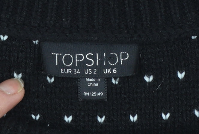 Topshop Women’s Black Geometric Long Sleeve Knit Jumper Size 6
