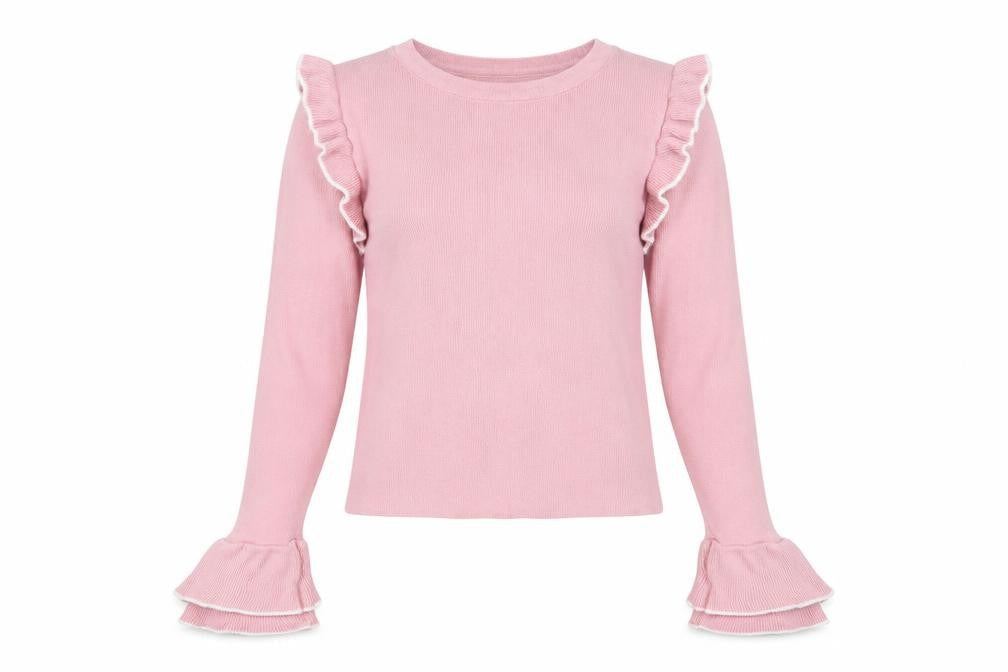 Topshop Women Pink Ruffle Flared Sleeve Knit Jumper UK 10