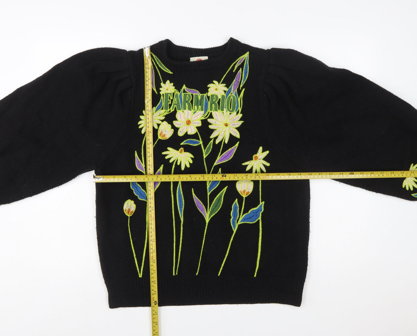 Farm Rio Womens Black Embroidered Floral Pullover Jumper XXS