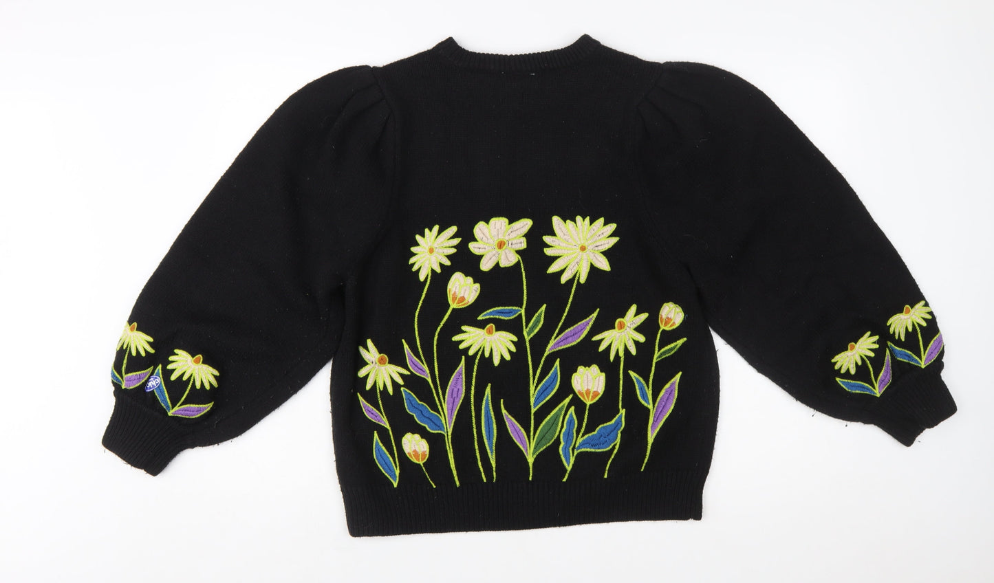 Farm Rio Womens Black Embroidered Floral Pullover Jumper XXS