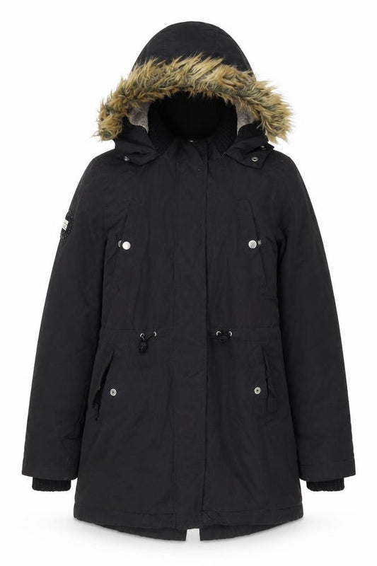 Superdry Women's Black Parka Coat Size S Faux Fur Hooded Winter Jacket